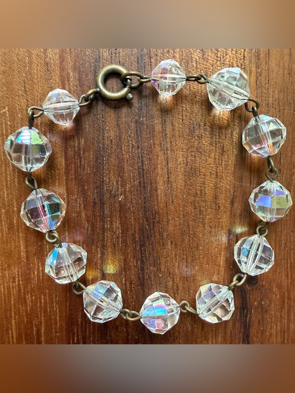 Vintage Glass Aurora Ab Crystal Bead Beaded Bracelet - Clear Iridescent Flashe